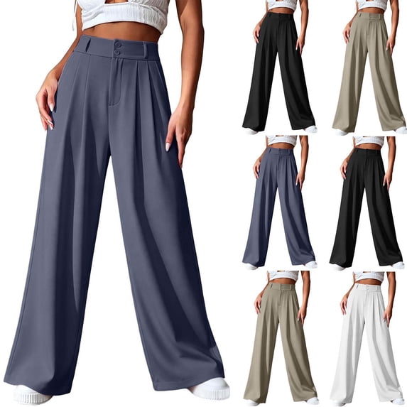 Womens Work Pants Wide Leg Casual Elastic Waist Pants Womens Summer Casual Fashion Solid Color Suit High Waist Narrow Edition Look Thin Ice Silk Wide Leg Button Pants White Xxxxl