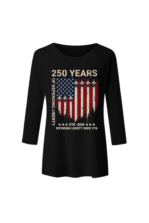 Womens Work Shirts 250 Anniversary Usa 250Th 3/4 Sleeve Patriotic Beach Vacation Clothes for Women,Black,L