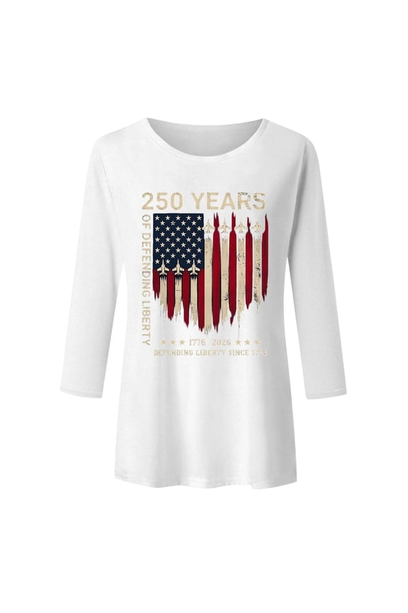 Womens Work Shirts 250 Anniversary Usa 250Th 3/4 Sleeve Patriotic Beach Vacation Clothes for Women,White,L