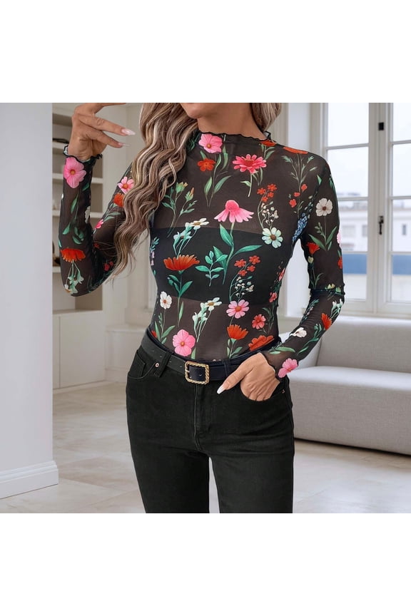 Womens Work Shirts Leopard Print Mesh Ruffle Trim Bodycon Party Womens Performance Tops,Dark Gray,L