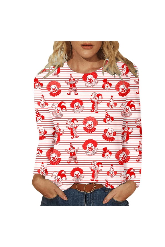 Womens Work Shirts Long Sleeve Crew Neck Tleece Stripes Print Womens Undershirts,Red,S