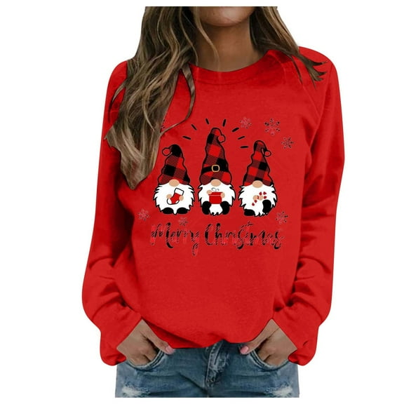 Womens Work Shirts Long Sleeve Tops Christmas Printed Casual Crewneck Sweatshirts Fall Clothes for Women Tees Blouses Red S