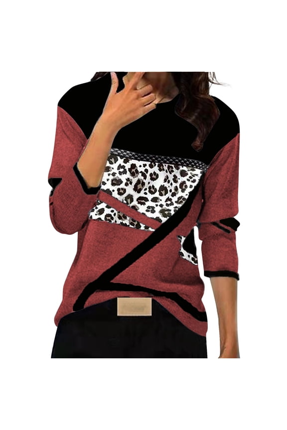 Womens Work Shirts Long Sleeve Tops Fashion Casual Crewneck Leopard Print Flannel Brushed Fall Clothes for Women Tees Blouses Red L