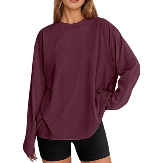 Womens Work Shirts Long Sleeve Tops Fashion Oversized Casual Basic Crewneck Fall Clothes for Women Tees Blouses