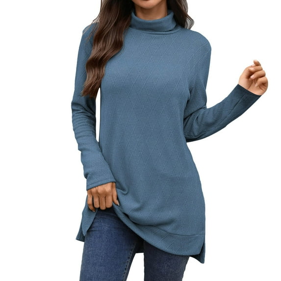 Womens Work Shirts Long Sleeve Tops Turtleneck Knit Loose Fit Casual Split Hem Soft Stretch Basic Fall Clothes for Women Tees Blouses Blue 2XL