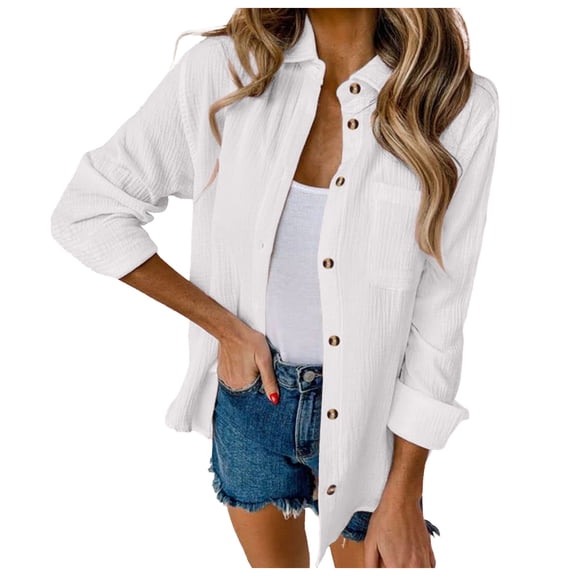 Womens Work Shirts Tops Button Down Linen V Neck Button Down Long/Roll Up Sleeve Casual Work Women Tees Blouses White XL
