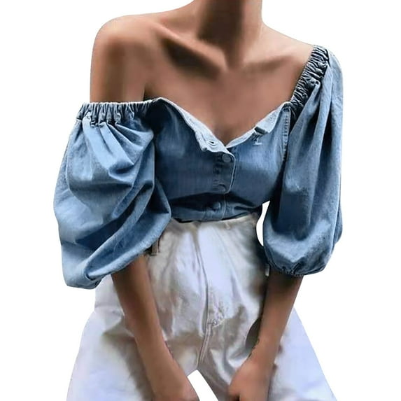 Womens Work Shirts Tops Off Shoulder Bubble Sleeved Denim Casual Casual Jacket Women Tees Blouses Blue L