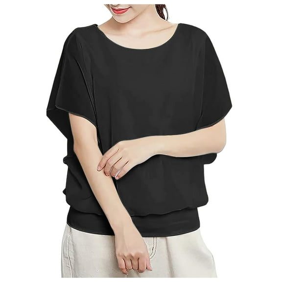 Womens Work Shirts Tops Short Sleeved Loose Fitting Chiffon Women Tees Blouses Black 2XL
