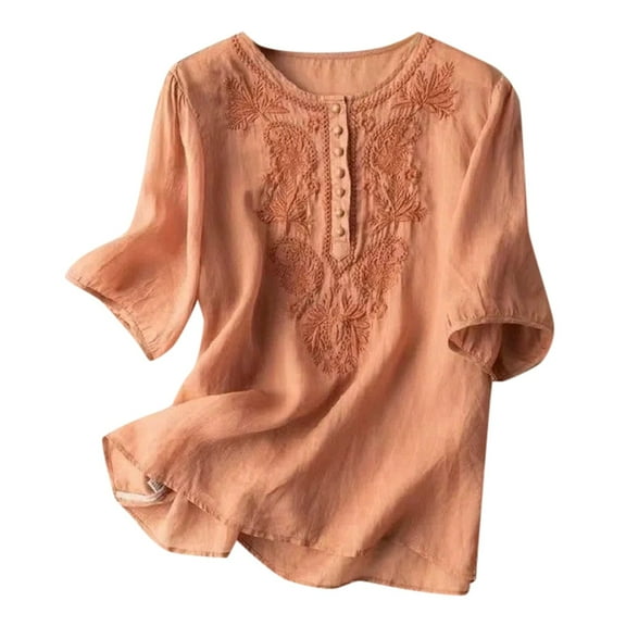 Womens Work Shirts Tops Short Sleeved Retro Loose Design Embroidery Round Neck Thin Women Tees Blouses Orange M