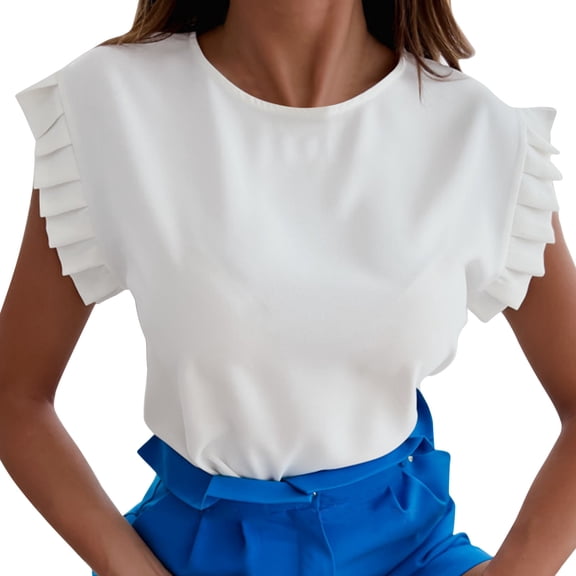 Womens Work Shirts Tops Sleeveless Summer Folds O Neck Slim Fit Work Athletic Casual Women Tees Blouses White XL