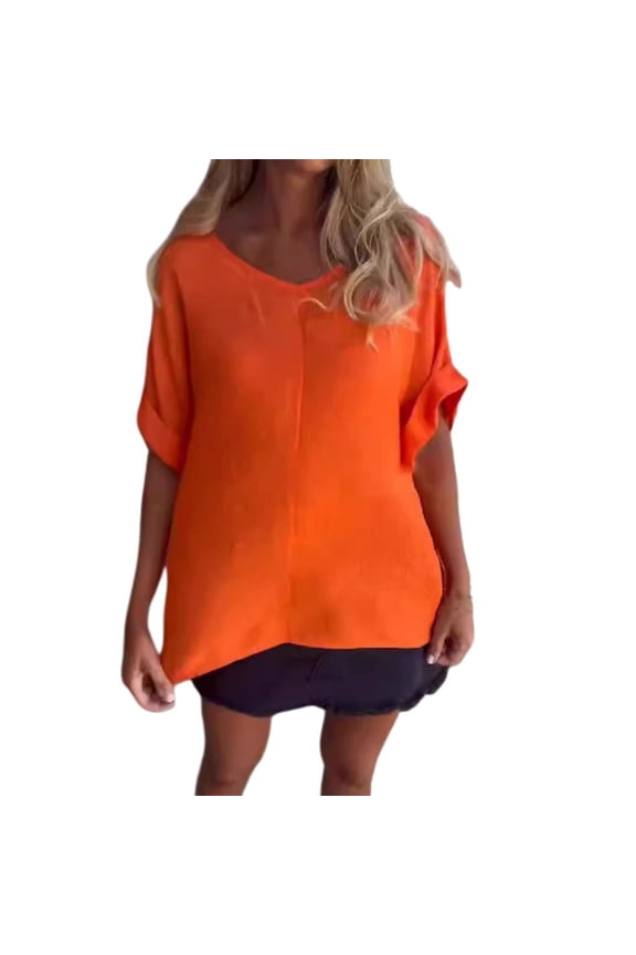 Womens Work Shirts Tops Solid Color Large V Neck Loose Eighths Sleeve Pullover Plain Tees Blouses Red 2XL