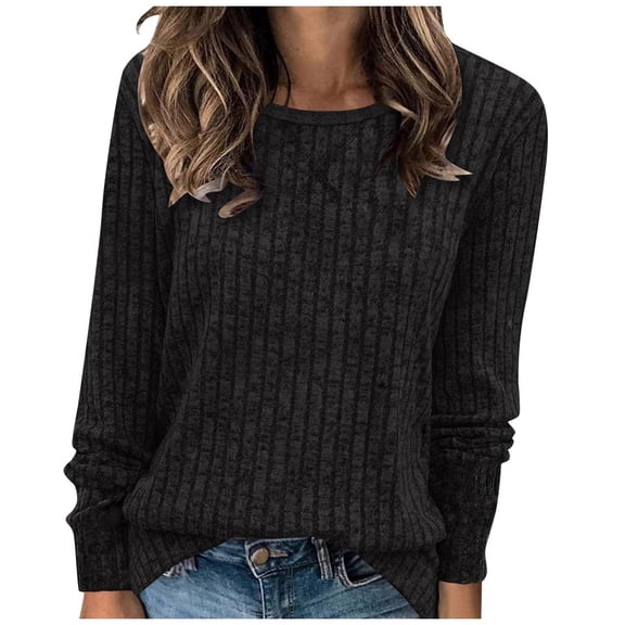 Womens Work Shirts Tops Solid Color Long Sleeve Round Neck Loose Fit Casual Women Tees Blouses Black S