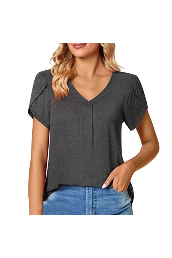 Womens Work Shirts Tops Solid Color Petal Sleeve Soild V Neck Short Sleeve Cute Summer Casual Loose Fit Plain Tees Blouses Grey XL