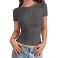 thumbnail image 1 of Womens Work Shirts Tops Solid Color Slim Fit Crewneck Short Sleeve Casual Breathable Plain Tees Blouses Dark Gray S, 1 of 5