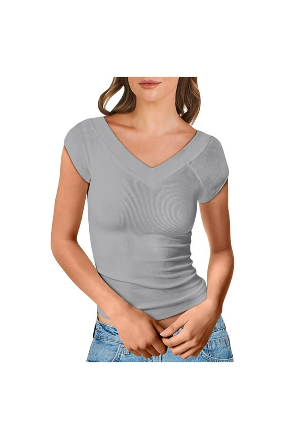 Womens Work Shirts Tops Solid Color V Neck Basic Slim Fit Off Shoulder Casual Summer Clothing Plain Tees Blouses Grey M