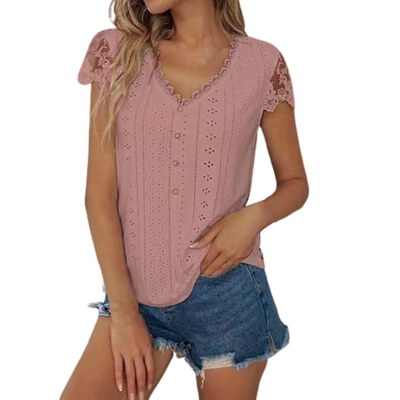 Womens Work Shirts Tops Summer Lace Patchwork V Neck Button Short Sleeve Loose Casual Women Tees Blouses Hot Pink S