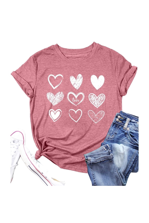 Womens Work Shirts Tops Valentine’S Day Heart Print Short Sleeve Women Tees Blouses Pink XL