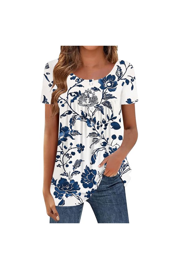 Womens Work T Shirts Tops Casual Short Sleeve Blouse Button Down Loose Fit Ruffle Design Tunic Tees