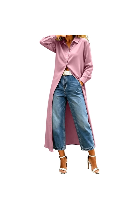Womens Work T Shirts Tops Fashion Solid Color The Long Sleeved Long Tail Tees