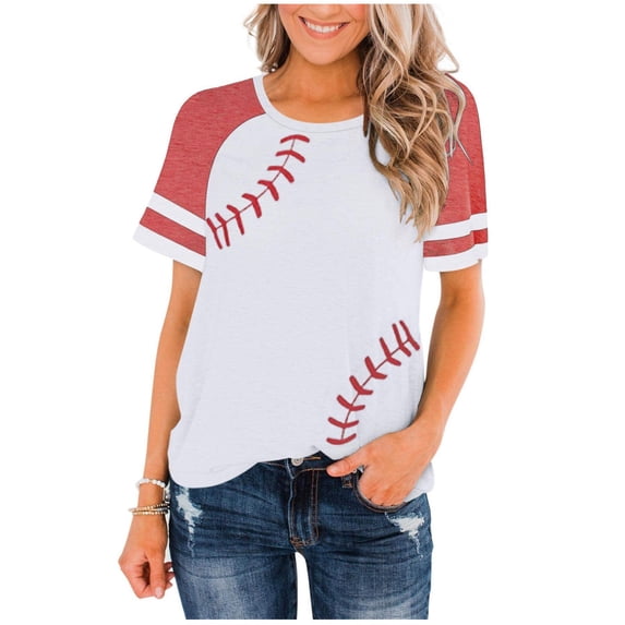 Womens Work T Shirts Tops Raglan Baseball Round Neck Slim Patch Print Blouse Casual Trendy Shirts
