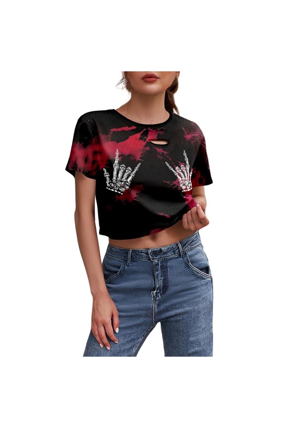 Womens Work T Shirts Tops Short Sleeve Gothic Skeleton Print Distressed Crop Round Neck Fall Spring Tees
