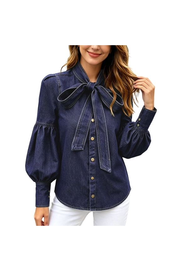 Womens Work T Shirts Tops Timeless Solid Tie Kace Denim Classic Button Front Blouse Bow Tees