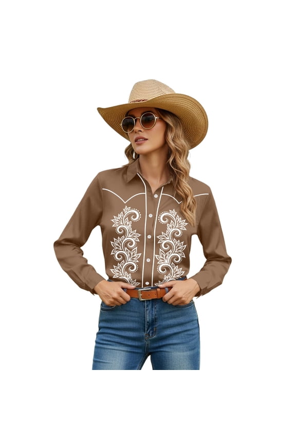 Womens Work T Shirts Tops Western Floral Print Long Sleeve Blouse Contrast Snap Button Closure Going Out Shirts