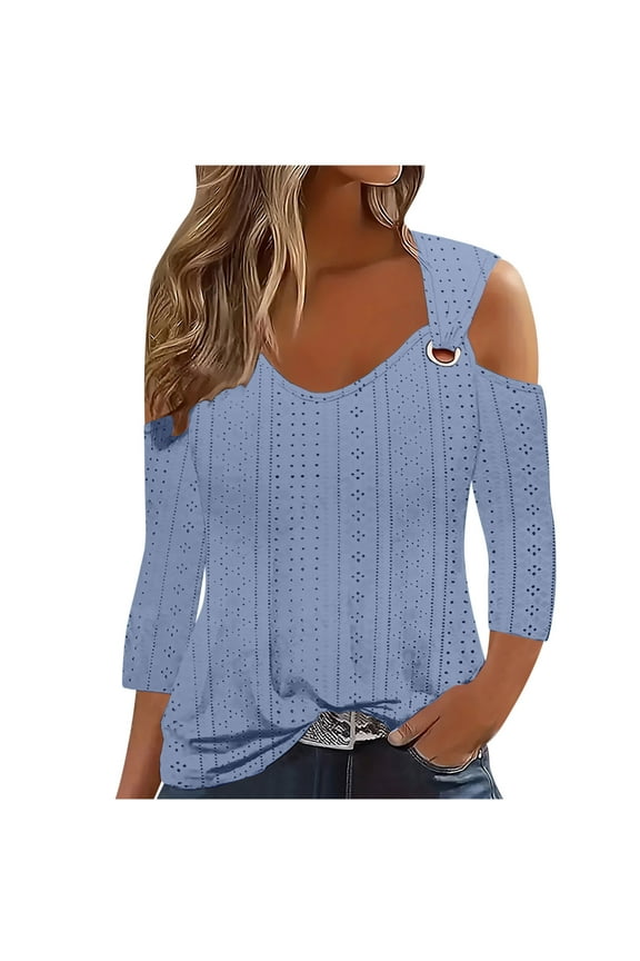 Womens Work Tops New Clod Shoulder Tops for Women Summer Hollow out Eyelet Short Sleeve T Shirts Going out Blouses Ladies Tunic Blue L