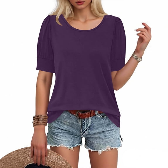 Womens Work Tops New Women Spring and Summer Fashion Style Sleeve Decoration Buckle Round Neck Loose Folded Short Sleeve T-Shirt Tops Style B-12 Purple S