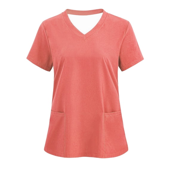 Womens Work Tops Summer V-Neck Basic Tees Short Sleeve Regular Fit Breathable Scrub Shirts with Pockets