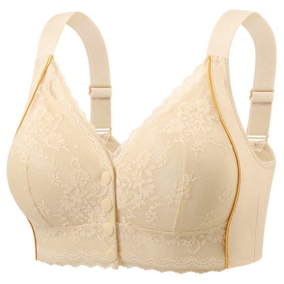 Womens Workout Bras No Underwire Lightweight Flower Lace Stitching Button Front-Close Padded Breathable Push Up Solid Color Sports Bra
