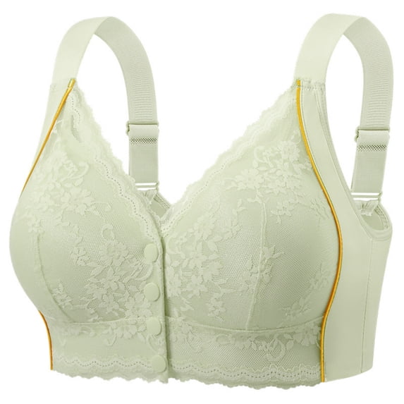 Womens Workout Bras No Underwire Lightweight Flower Lace Stitching Button Front-Close Padded Breathable Push Up Solid Color Sports Bra
