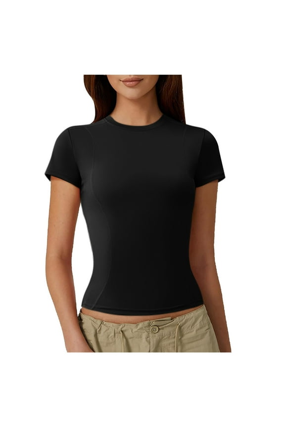 Womens Workout Compression Shirts Solid Color Short Sleeve Crew Neck Basic Yoga Tops Lightweight Soft Comfy Slim Fit Tees