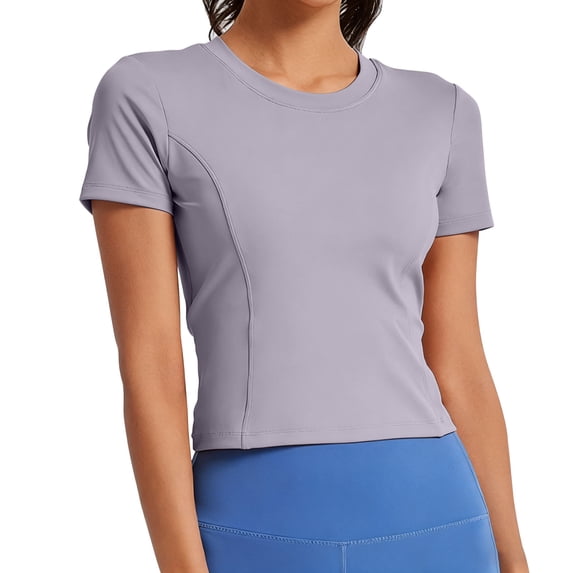 Womens Workout Crop Tops Short Sleeve Quick Dry Athletic Gym Exercise Shirt Lightweight Soft Yoga Tees (S, Purple)