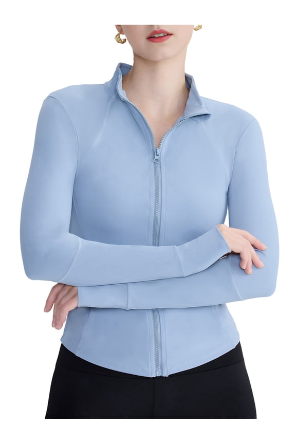 Womens Workout Jackets, Full Zip Slim Fit Athletic Running Sports Track Jacket with Mist Blue L