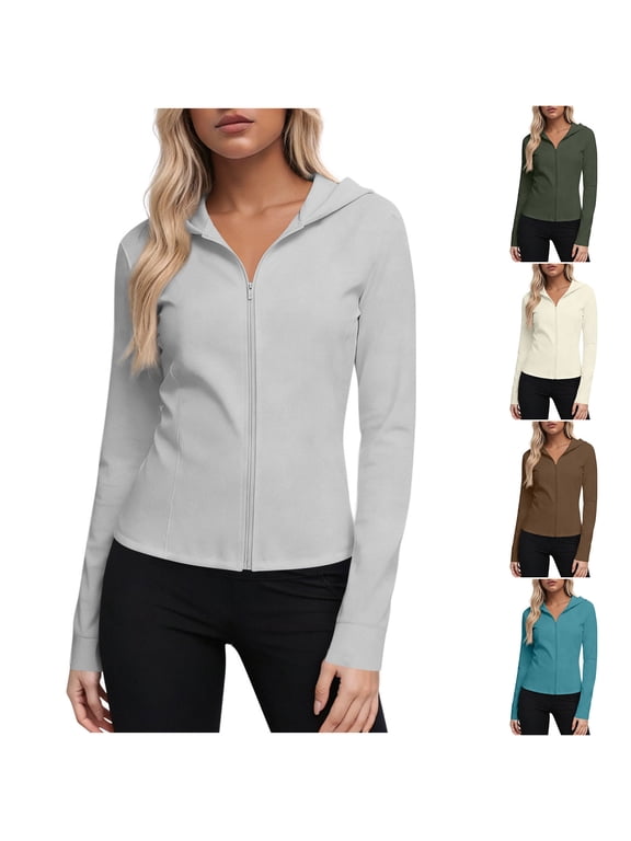 Womens Workout Jackets Hoodie Long Sleeve Sun Shirts Full Zip Stretch UV Protection Jacket Solid Quick Dry Jackets for Pilates
