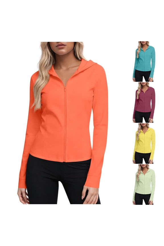 Womens Workout Jackets Hoodie Long Sleeve Sun Shirts Full Zip Stretch UV Protection Jacket Solid Quick Dry Jackets for Pilates