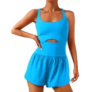 Womens Workout Jumpsuits with Padded Bras One Piece Square Neck Sleeveless Workout Bodysuit Romper Short Pants with Pocket Gym Yoga Outfit Clothes
