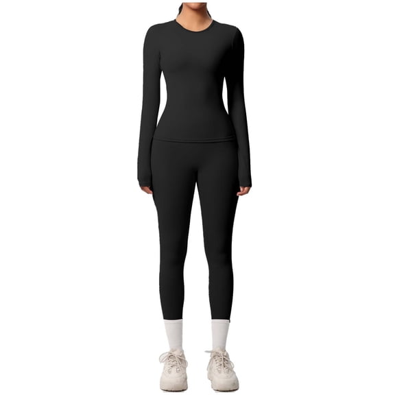 Womens Workout Outfits 2 Piece Soft Slim Fit Long Sleeve Tops and High Waisted Legging Pant Sets Gym Yoga Clothes (L, Black)