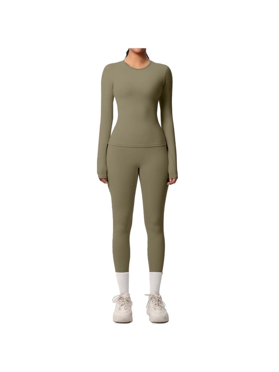 Womens Workout Outfits 2 Piece Soft Slim Fit Long Sleeve Tops and High Waisted Legging Pant Sets Gym Yoga Clothes (S, Coffee)