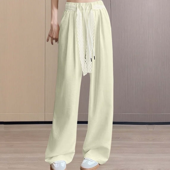 Womens Workout Pants New Women Lace up Wide Leg Pants Casual Elastic High Waist Straight Sweatpants Fall Ladies Baggy Trousers Beige XL