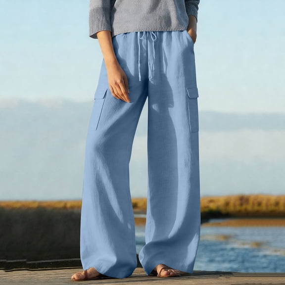 Womens Workout Pants New Women's Spring and Summer Solid-Color Stretched-Waist Linen Casual Straight Pants Style B-32 Light Blue M