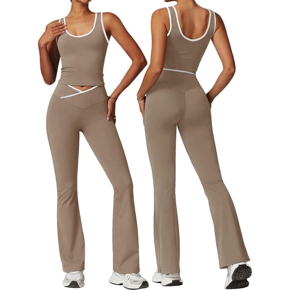 Womens Workout Sets 2 Piece Gym Yoga Outfits Crossover Flare Leggings Crop Tank Top with Contrast Trim
