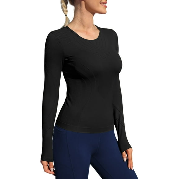 Womens Workout Shirts Long Sleeved Seamless Compression Sports Top Round Neck Lightweight Athletic Shirts