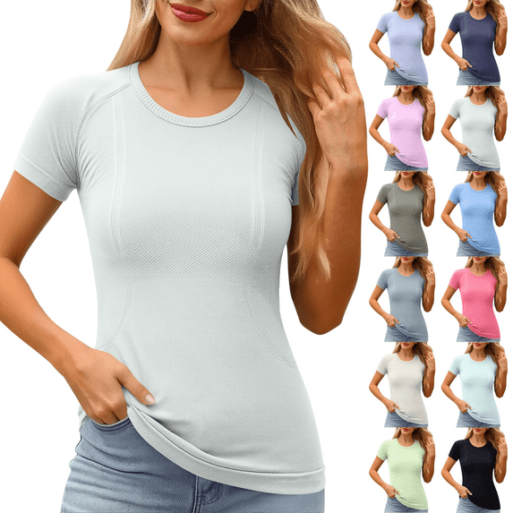 Womens Workout Shirts Round Neck Short Sleeve T Shirts Breathable Quick Dry Slim Fit Stretch Gym Running Yoga Tees S-2XL