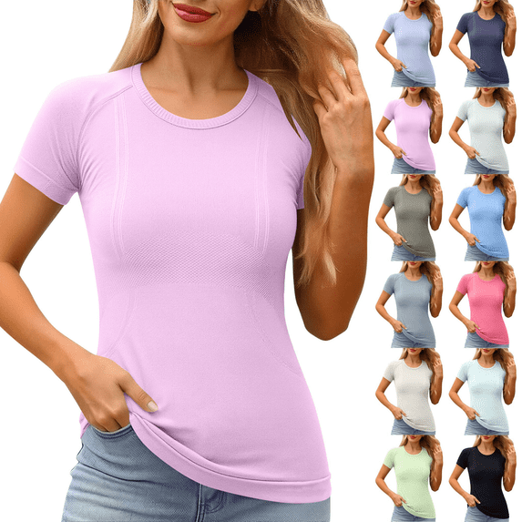 Womens Workout Shirts Round Neck Short Sleeve T Shirts Breathable Quick Dry Slim Fit Stretch Gym Running Yoga Tees S-2XL