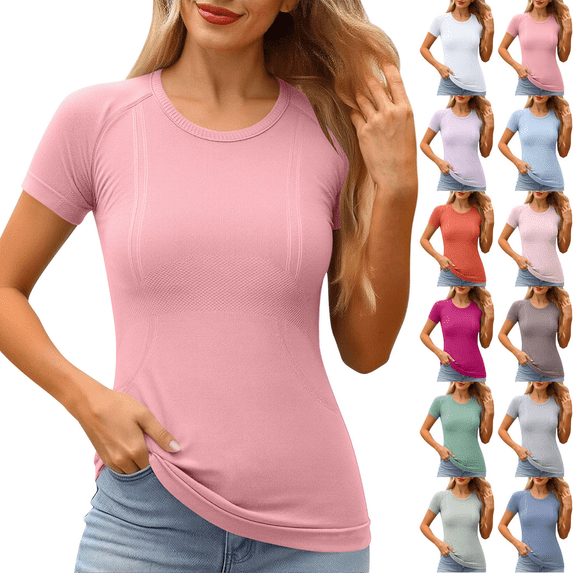 Womens Workout Shirts Round Neck Short Sleeve T Shirts Breathable Quick Dry Slim Fit Stretch Gym Running Yoga Tees S-2XL