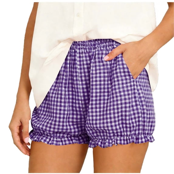 Womens Workout Shorts Checkered Ruffle Cute Casual Elastic Waist Lightweight Homewear Lounge Beach Shorts for Everyday Comfortable S-2XL