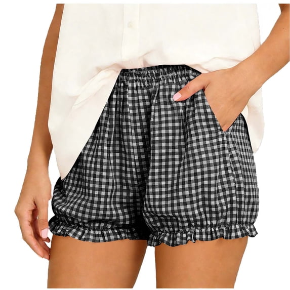 Womens Workout Shorts Checkered Ruffle Cute Casual Elastic Waist Lightweight Homewear Lounge Beach Shorts for Everyday Comfortable S-2XL
