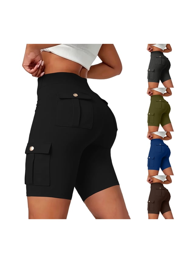 Womens Workout Shorts High Waisted Scrunch Butt Gym Biker Booty Shorts with Cargo Pockets